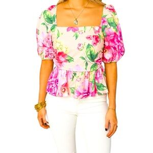 NWT Buddy Love Mirabelle Explorer Pink Floral Puff Sleeve Square Neck Top